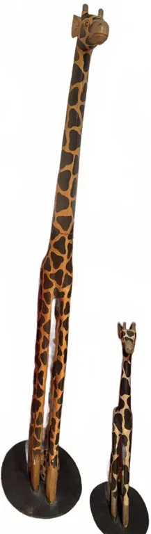Hand-Carved Painted Wood Giraffe Sculptures on Round Bases