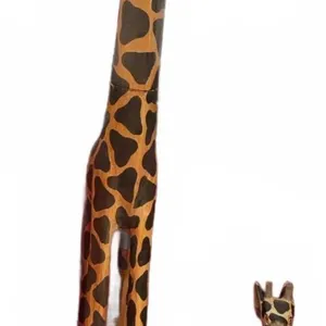 Hand-Carved Painted Wood Giraffe Sculptures on Round Bases