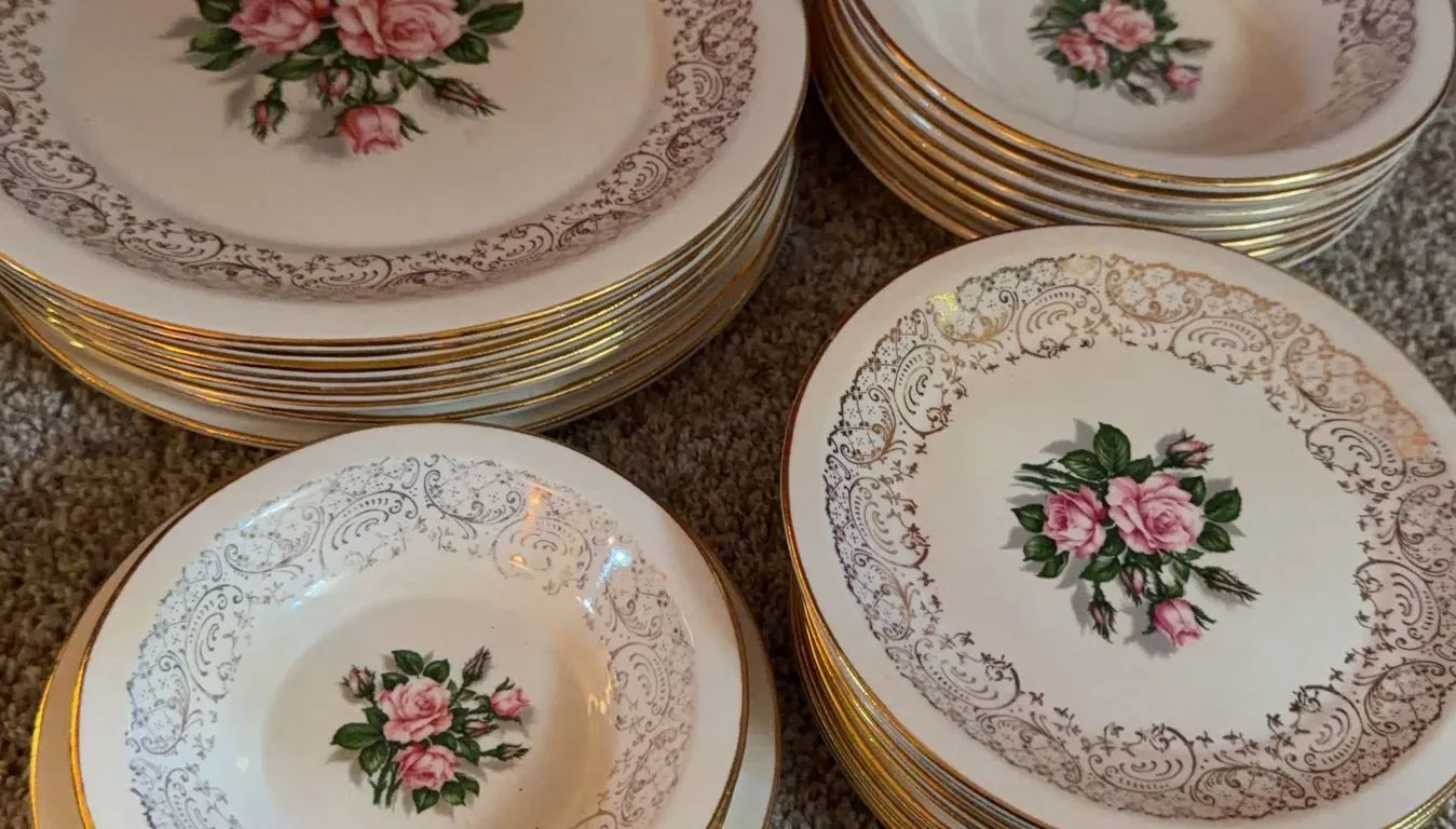 Floral Dinnerware Set with Gold Trim, Includes Plates and Bowls, Rose Pattern