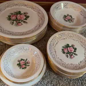 Floral Dinnerware Set with Gold Trim, Includes Plates and Bowls, Rose Pattern
