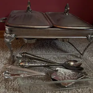 Silver-Plated Chafing Dish With Two Lids and Assorted Silver Serveware
