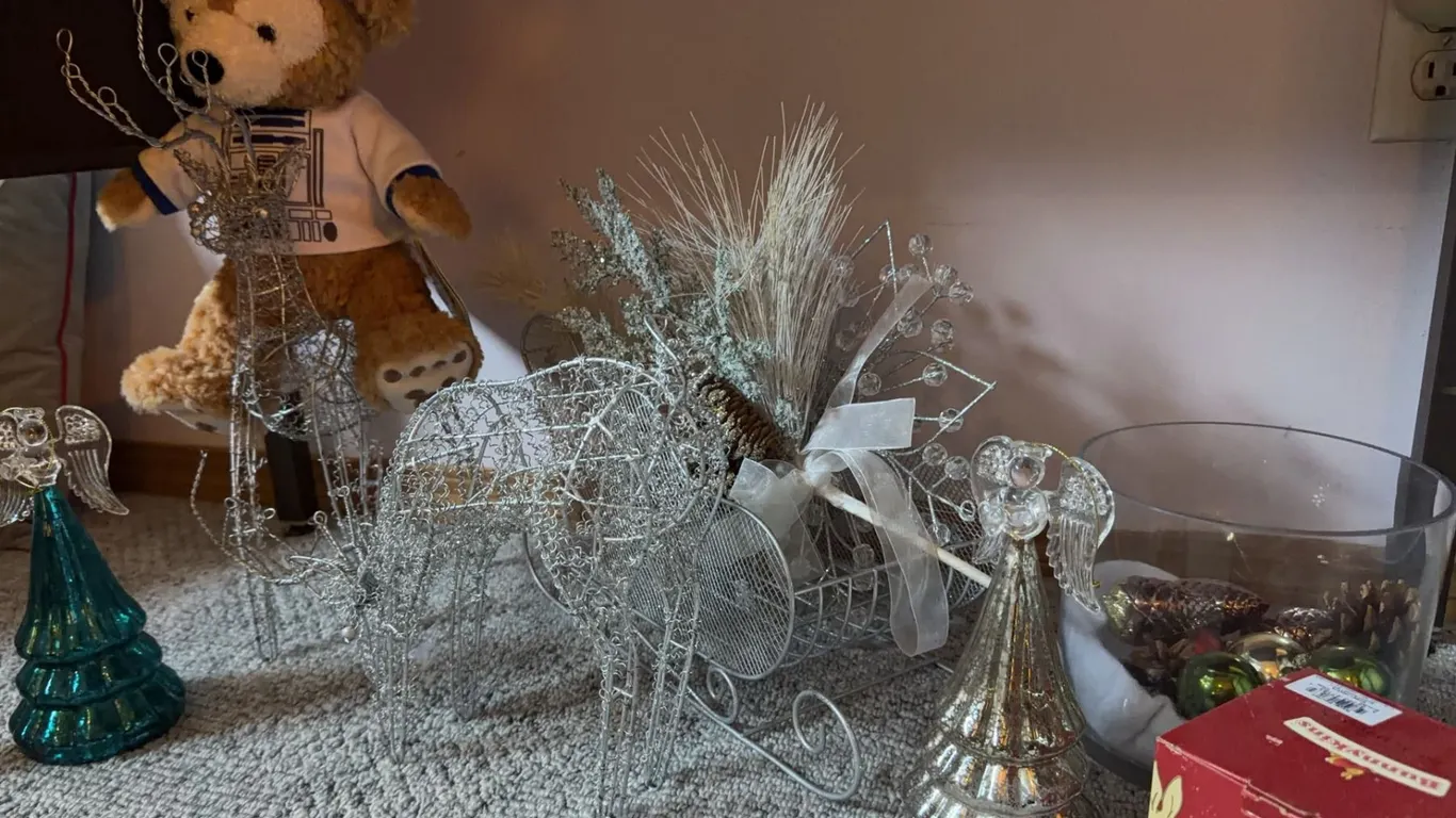Holiday Decor Lot: Wire Deer Sleigh Set, Angels, Ornaments, Plush Bear, Bunnykins Box