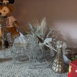 Holiday Decor Lot: Wire Deer Sleigh Set, Angels, Ornaments, Plush Bear, Bunnykins Box