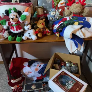 Large Assortment of Christmas Decorations, Plush Toys, Ornaments, Stockings, Holiday Decor