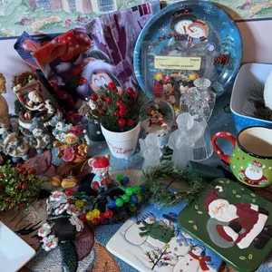 Christmas Decor and Tableware Including Figurines, Mugs, Plates, and Trays