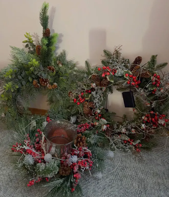 Holiday Wreaths and Candle Ring Set with Pinecones, Red Berries, Faux Greenery