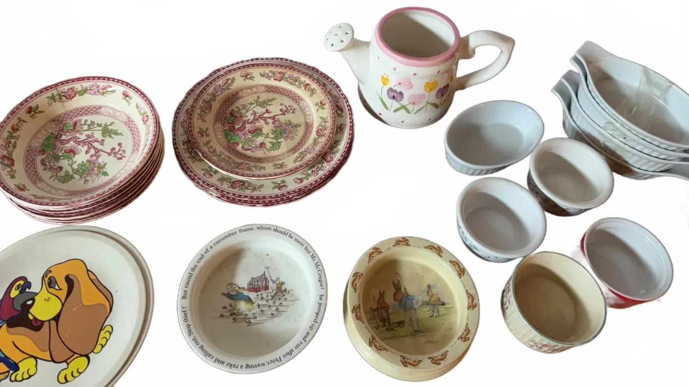 Ceramic and Porcelain Plates, Bowls, Pitcher, and Teapot Set