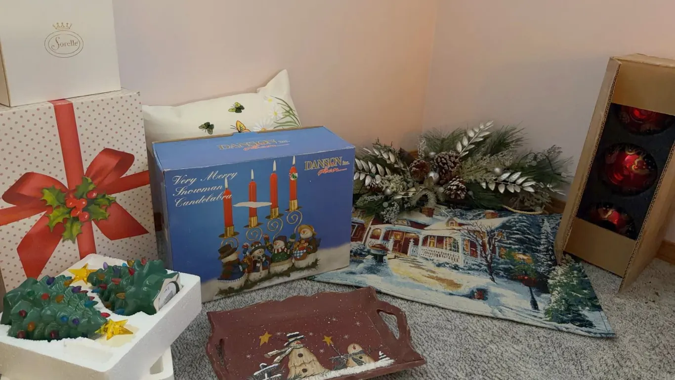 Christmas Decor Lot: Danson Very Merry Snowman Candelabra, Trees, Ornaments