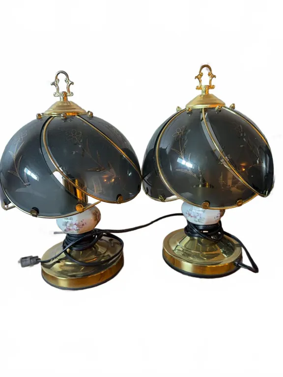 Brass and Glass Table Lamps with Floral Etched Shades and Porcelain Bases