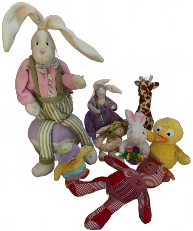 Stuffed Animal Lot: Bunny Dolls, Giraffes, Duck, Bear and More, Mixed Brands