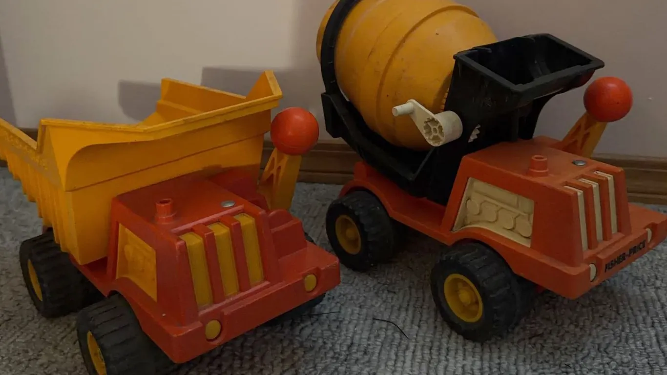 2 Plastic Construction Trucks: Dump Truck and Cement Mixer