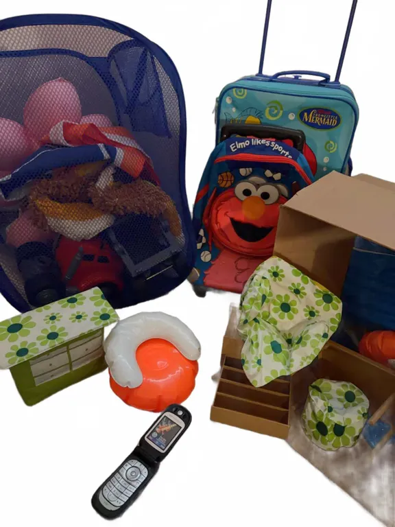 Children's Mystery Box With Elmo Backpack, Little Mermaid Suitcase, Toys, Vintage Flip Phone