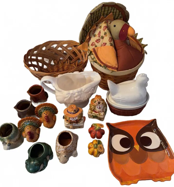 Thanksgiving and Fall Decor Lot: Owl Plate, Ceramic Animals, Turkey Basket, Salt Shakers