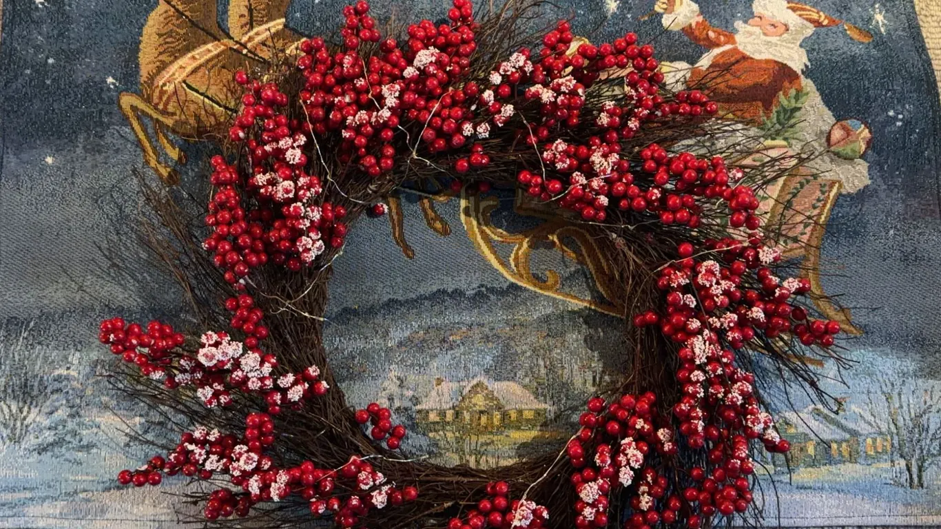 Holiday Wreath with Artificial Red Berries and White Accents