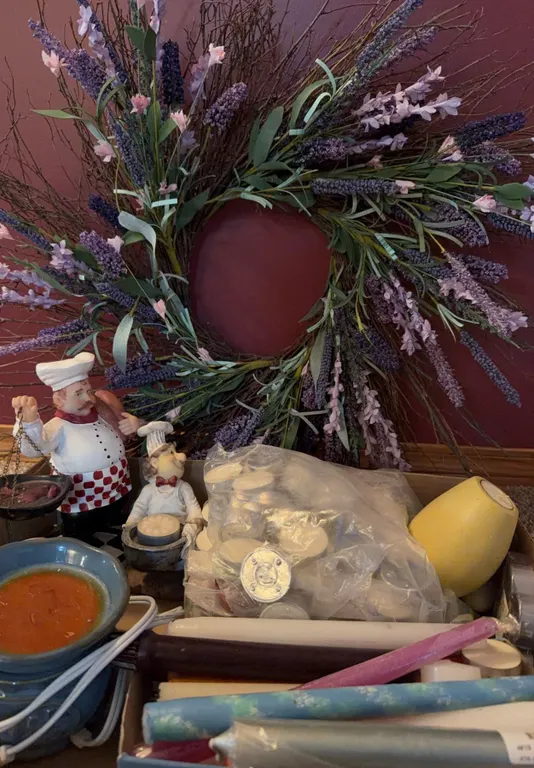 Candles, Ceramic Chef Figurines, Wreath, and Wax Warmer Lot