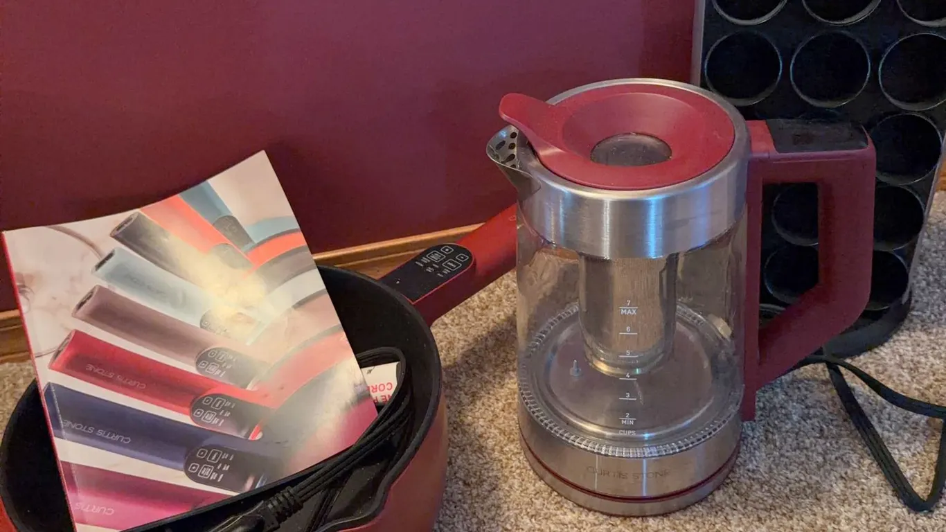 Curtis Stone Red Saucepan, Electric Kettle with Infuser, and Muffin Pan Set