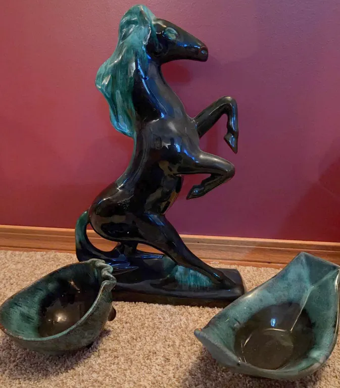 Black and Green Ceramic Rearing Horse Figurine With Two Matching Ceramic Bowls