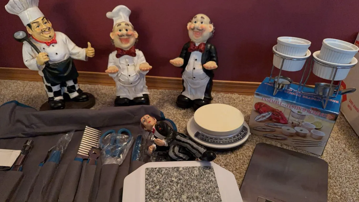 Kitchen Decor Set with Chef Figurines, Utensil Kit, Scales, Ramekin Set, and Serving Stone