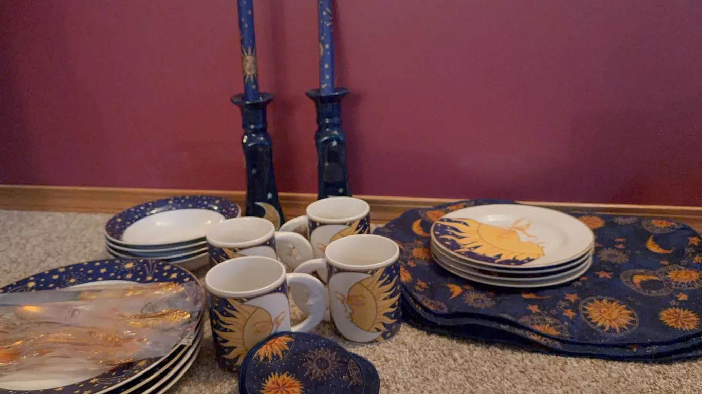 Celestial Sun and Moon Dinnerware Set with Candlesticks, Mugs, Plates, Placemats