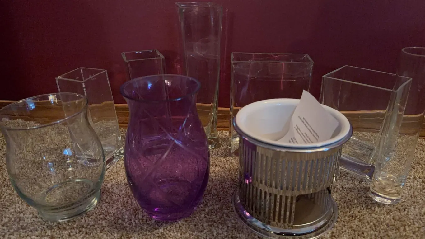 Glass and Crystal Vases with Metal Candle Holder, 8 Pieces