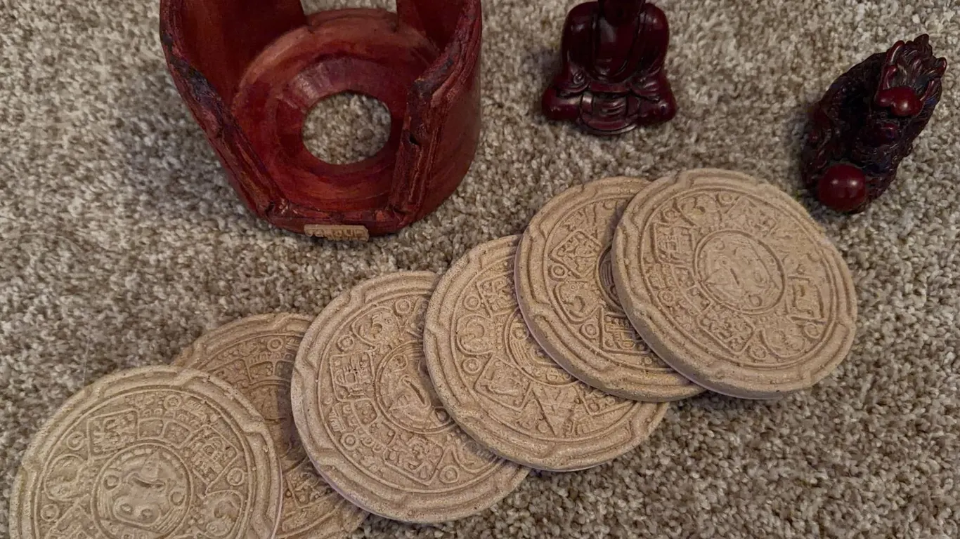6 Aztec Calendar Stone Coasters With 2 Figurines and Wooden Holder