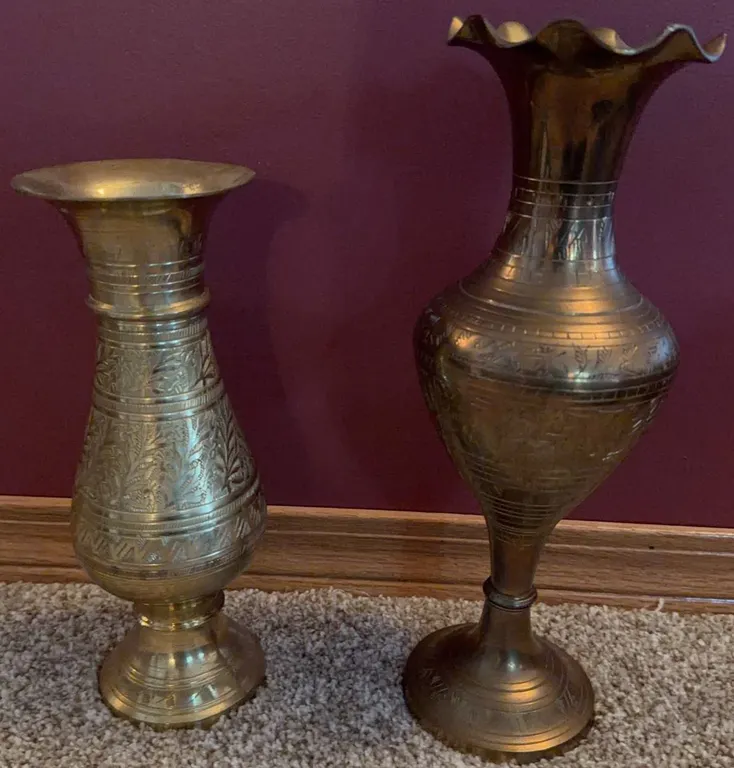 Engraved Brass Vases with Decorative Patterns