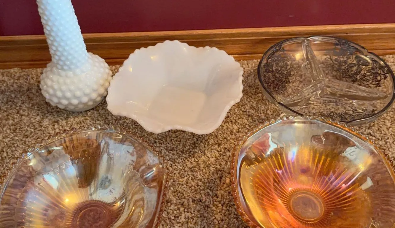 Lot: Hobnail Milk Glass Vase, White Dish, Divided Dish, 2 Carnival Glass Bowls