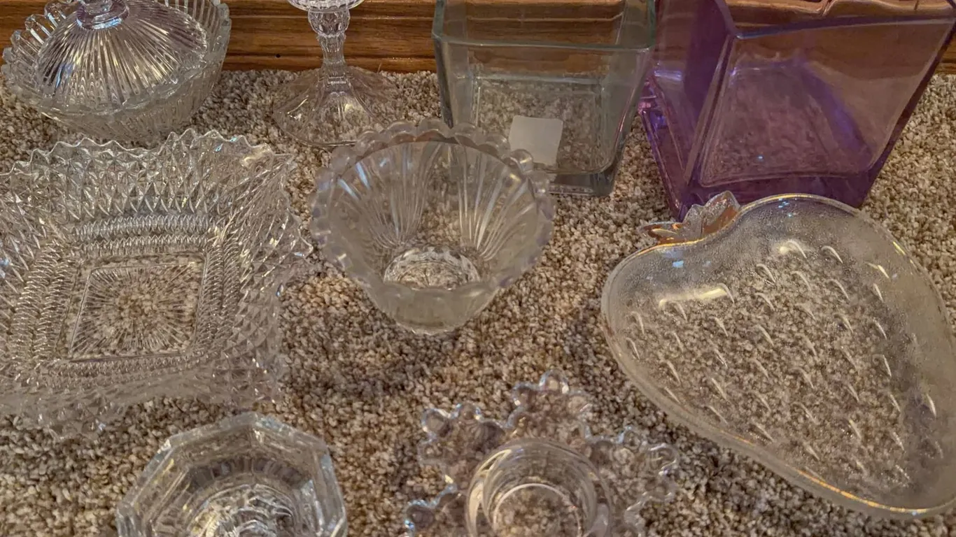 Pressed and Cut Glass Bowls, Goblet, Heart Plate, and Vases, 8-Piece Lot