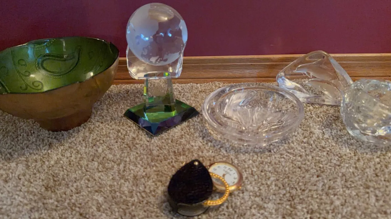 Crystal Bowls, Glass Paperweight, Green Bowl, and Portable Watch Lot