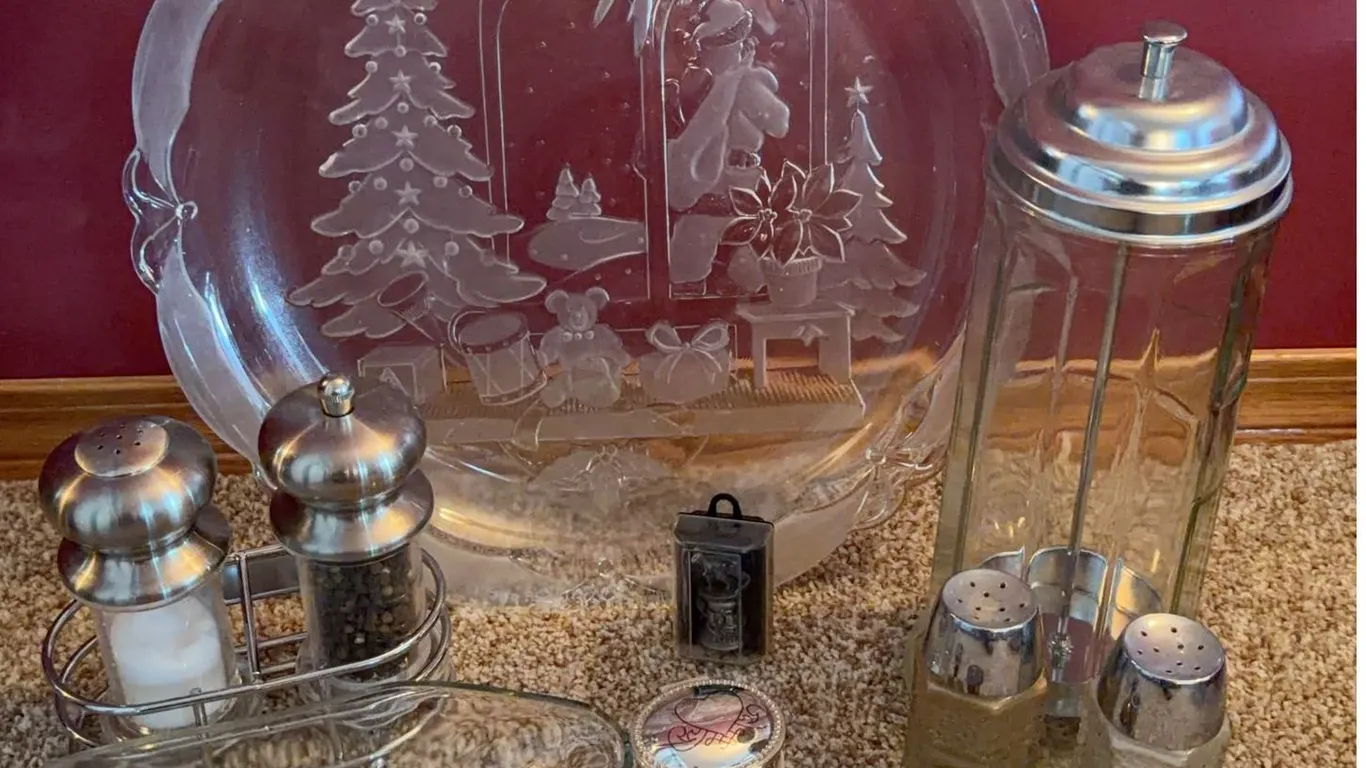 Glass and Metal Serveware and Tableware Including Christmas Platter