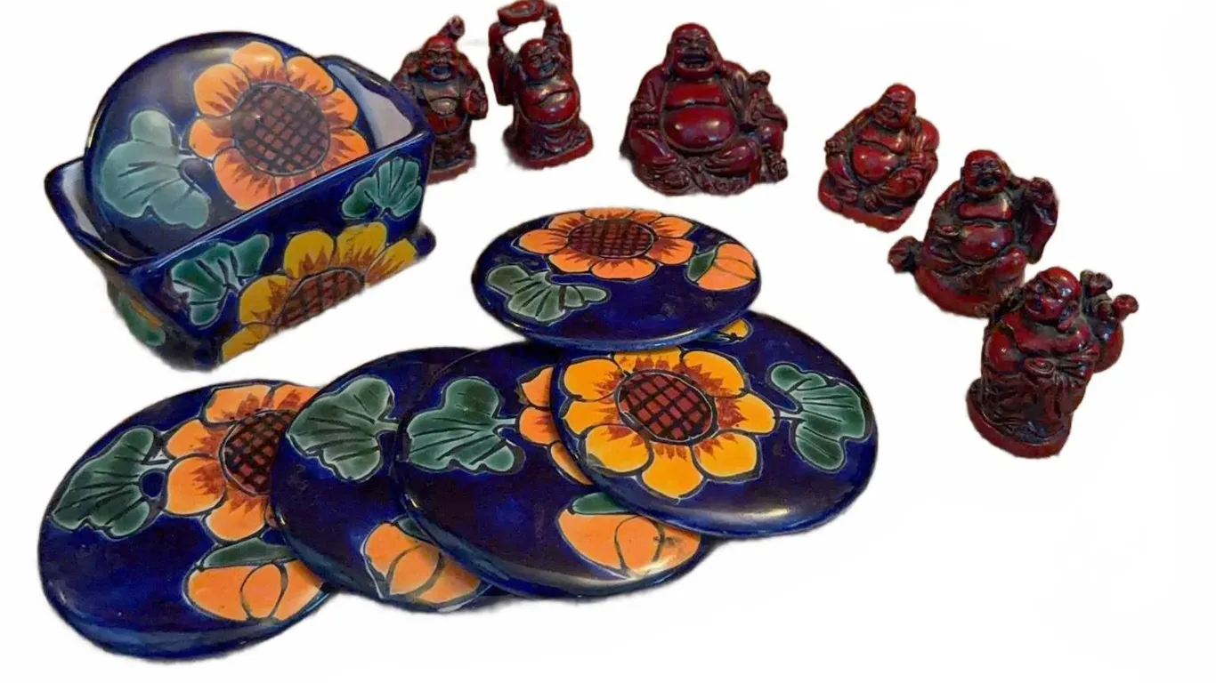 4 Hand-Painted Ceramic Sunflower Coasters with Holder and 6 Red Buddha Figurines