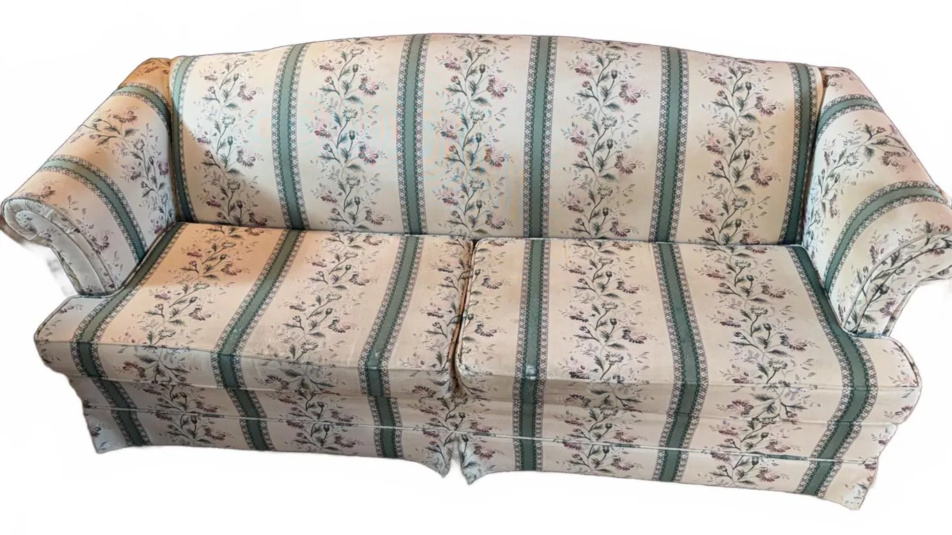 Three-Seat Sofa with Rolled Arms, Floral Upholstery, Cream and Green Stripes