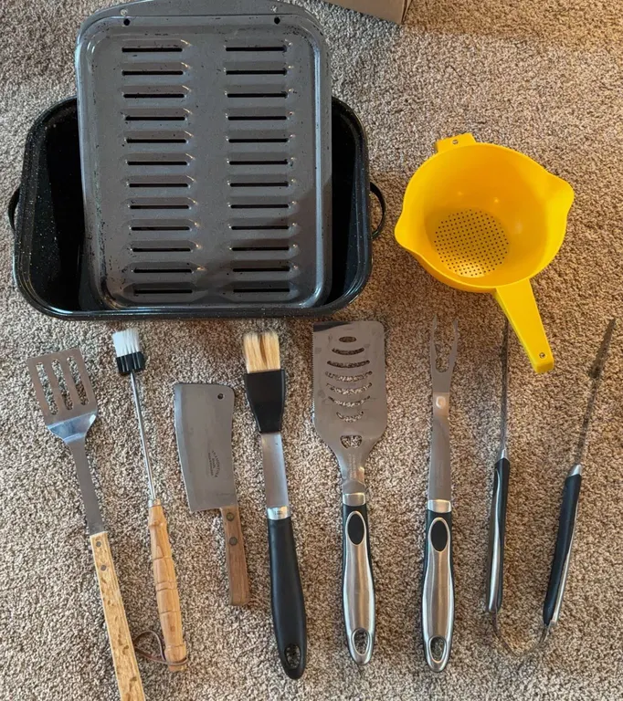 Roasting Pan, Grill Tools, Meat Cleaver, Tongs, Basting Brushes, and Strainer