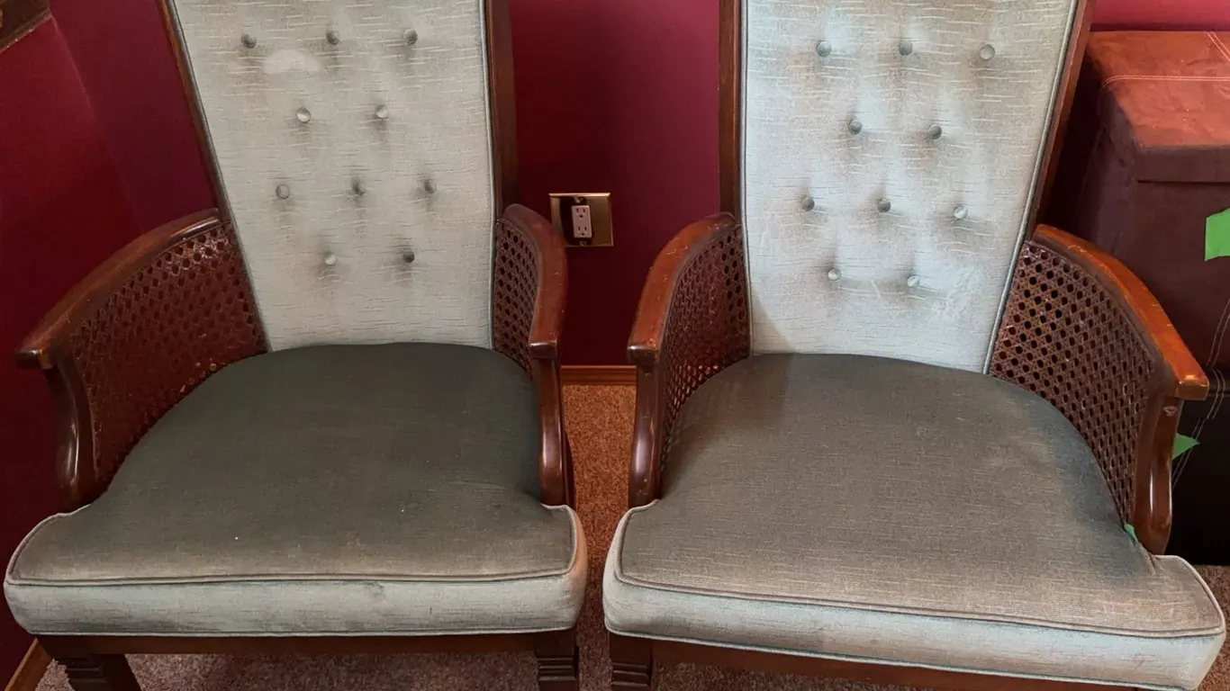 Wooden Armchairs with Button-Tufted Upholstered Seats and Cane Sides