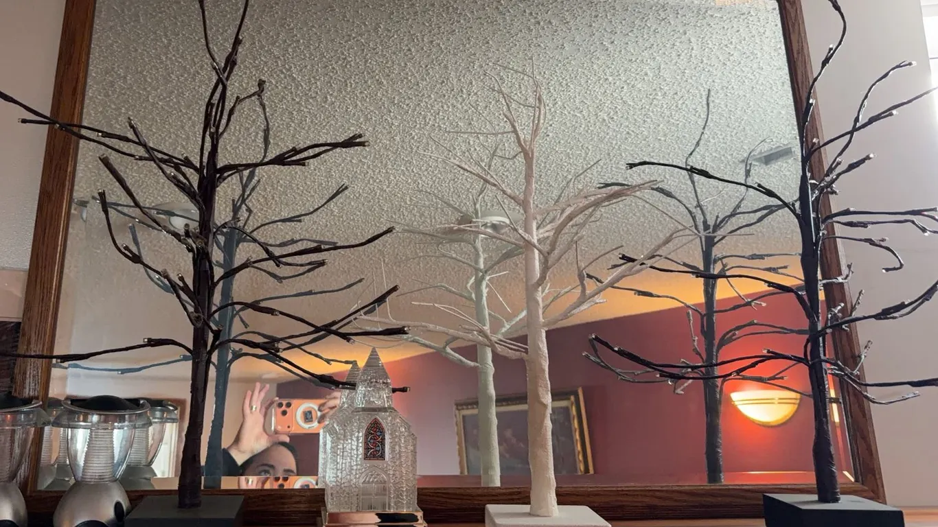 Three Decorative Tree Sculptures on Wood Bases, White and Black Finishes
