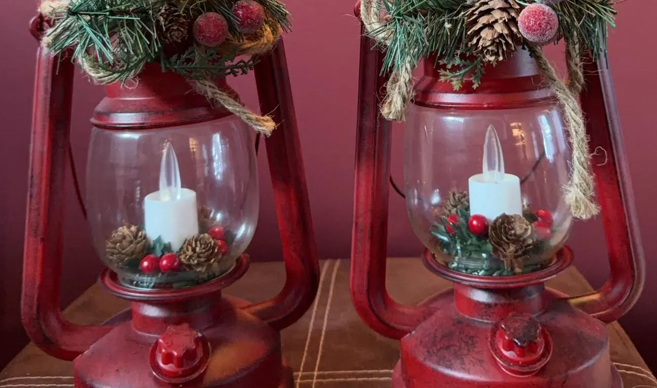 Decorative Red Lanterns with Holiday Pine and Berry Accents
