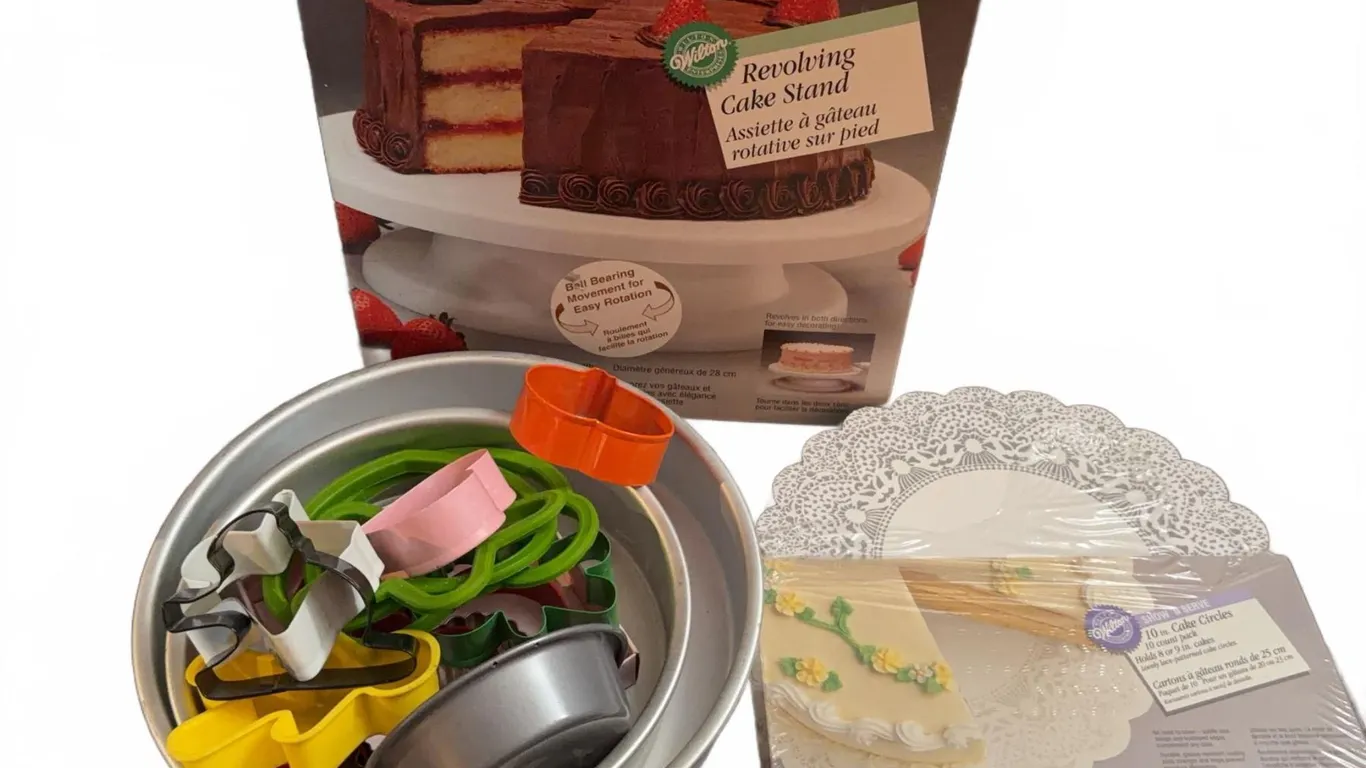 Wilton Revolving Cake Stand, Cake Pans, Cutters, and Doilies Baking Lot