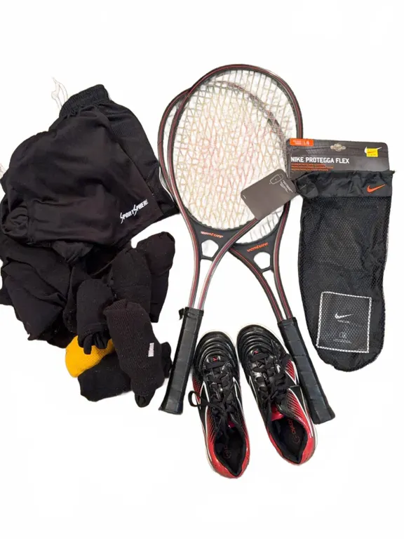 Tennis Bundle: 2 Rackets, Diadora Forza Boys US 4 Shoes, Sport Shorts, Socks, Nike Shin Guard