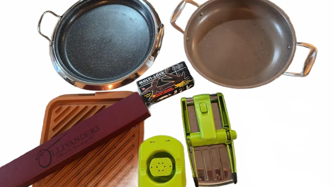 Lot: Pans, Cutting Board, Ollivanders Wand Box, Gerber Multi-Lock Tool, Slicer