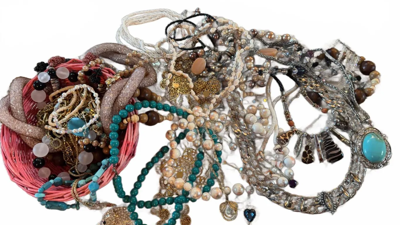 Costume Jewellery Lot With Necklaces, Beaded Strands, Bracelets And Basket