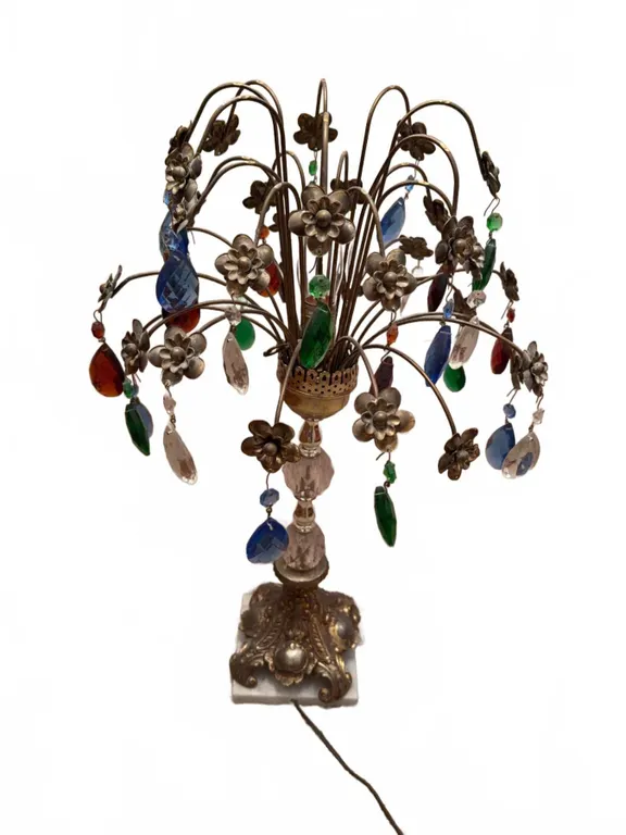 Decorative Lamp with Coloured Crystal Prisms and Floral Brass Detailing