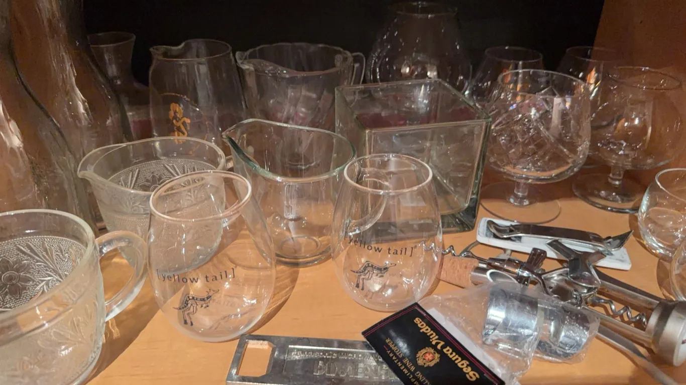 Barware Lot: Pitchers, Decanters, Glassware, Corkscrews, Seagram's Jug Tag
