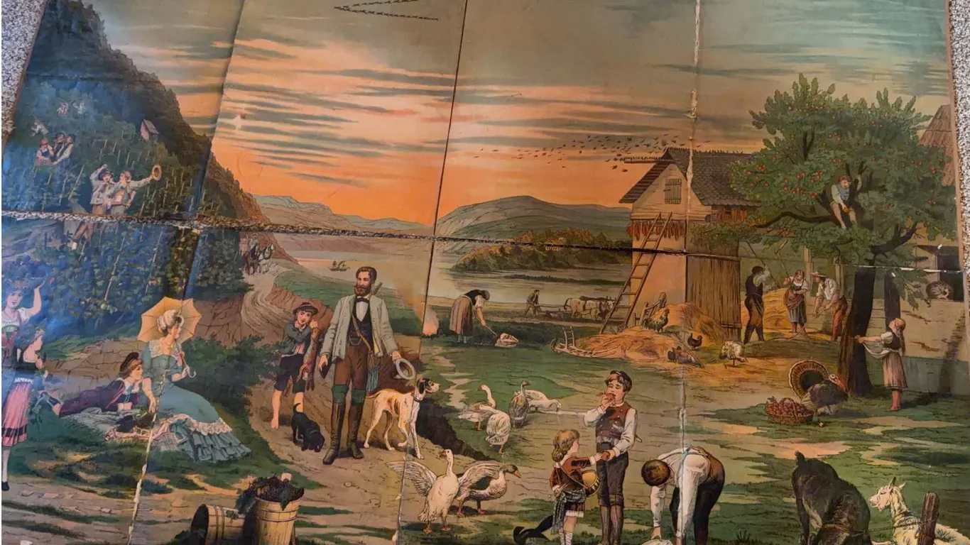 Large Fold-Out Lithograph Rural Farm Scene With Animals and Figures
