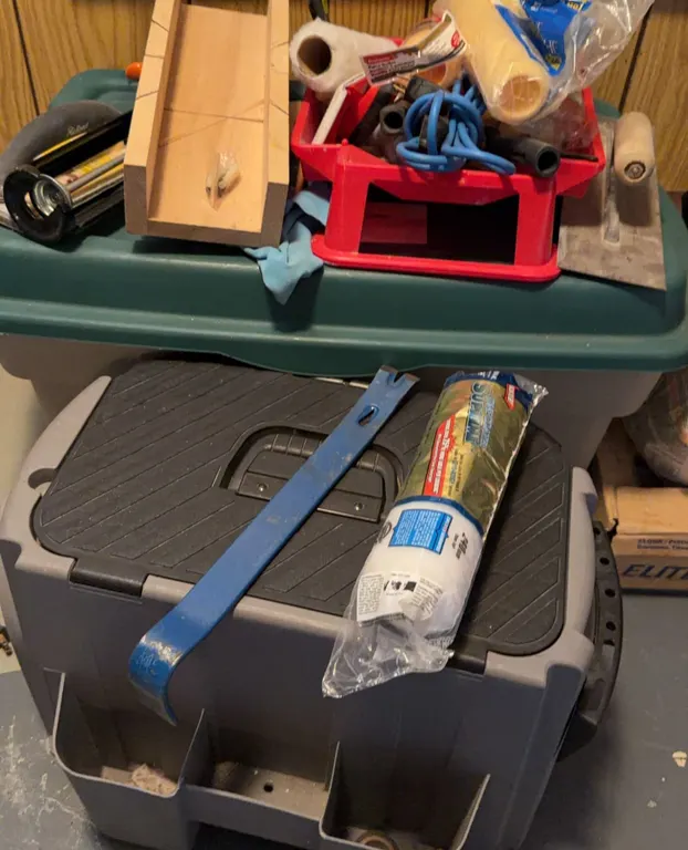 Painting Tools, Roller Covers, Blue Pry Bar, Work Light and Tool Box