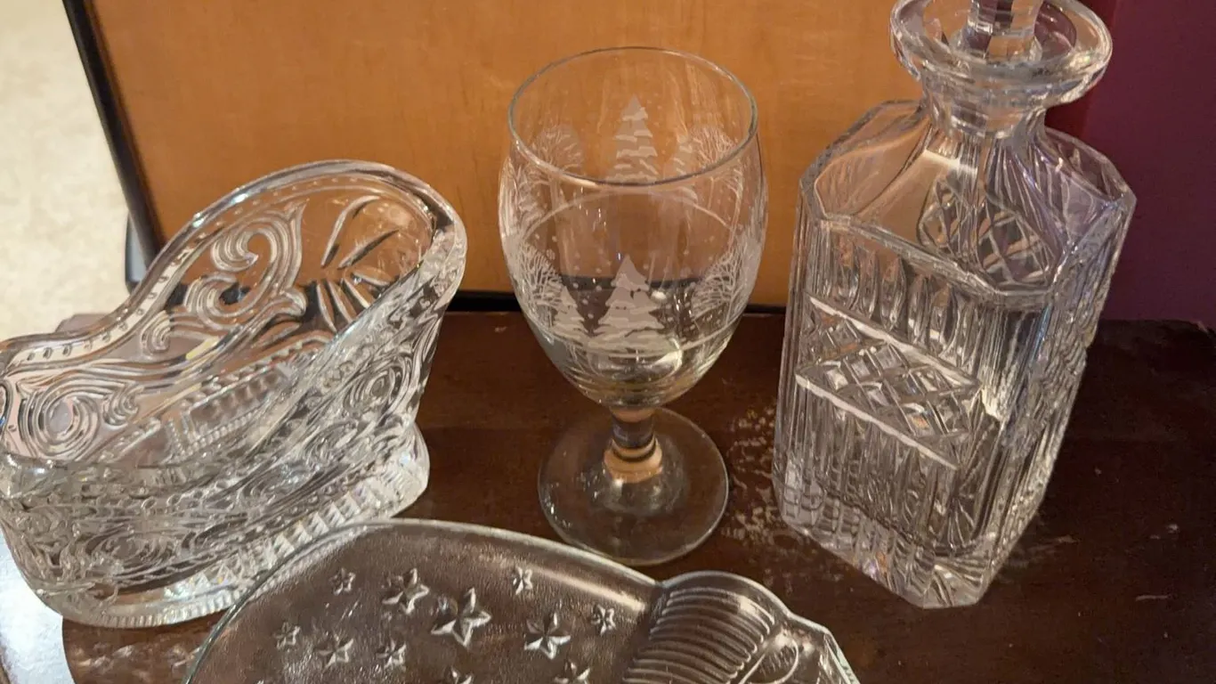 Cut Glass Lot: Decanter, Goblet, Sleigh Dish, Christmas Stocking Dish