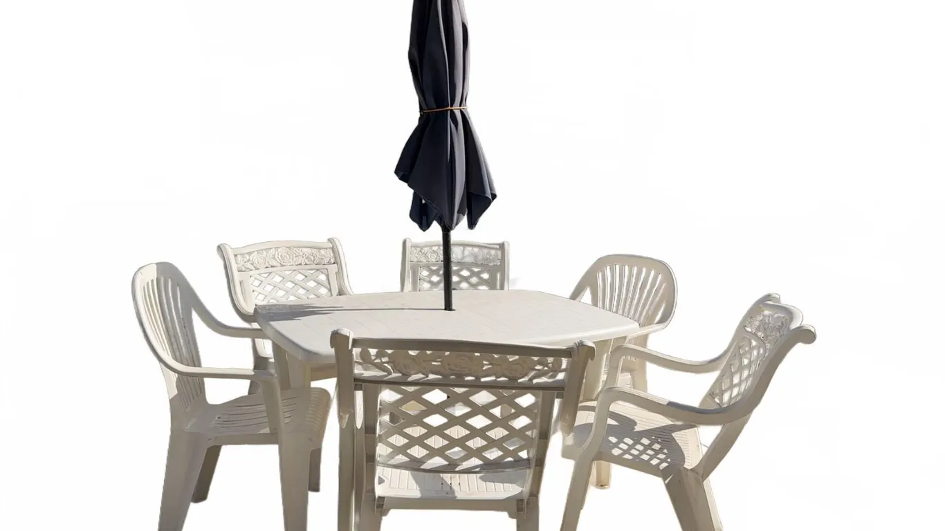 White Resin Patio Set With Six Chairs, Table, Parasol, and Umbrella Base