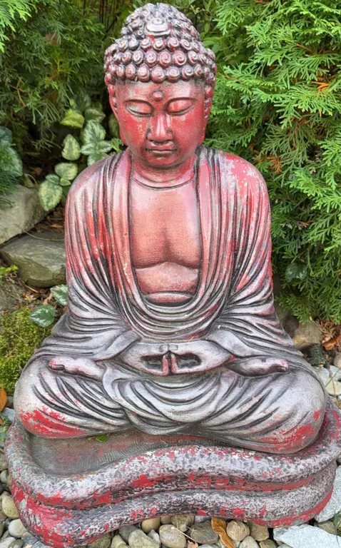 Red and Grey Resin Buddha Garden Statue in Meditative Pose