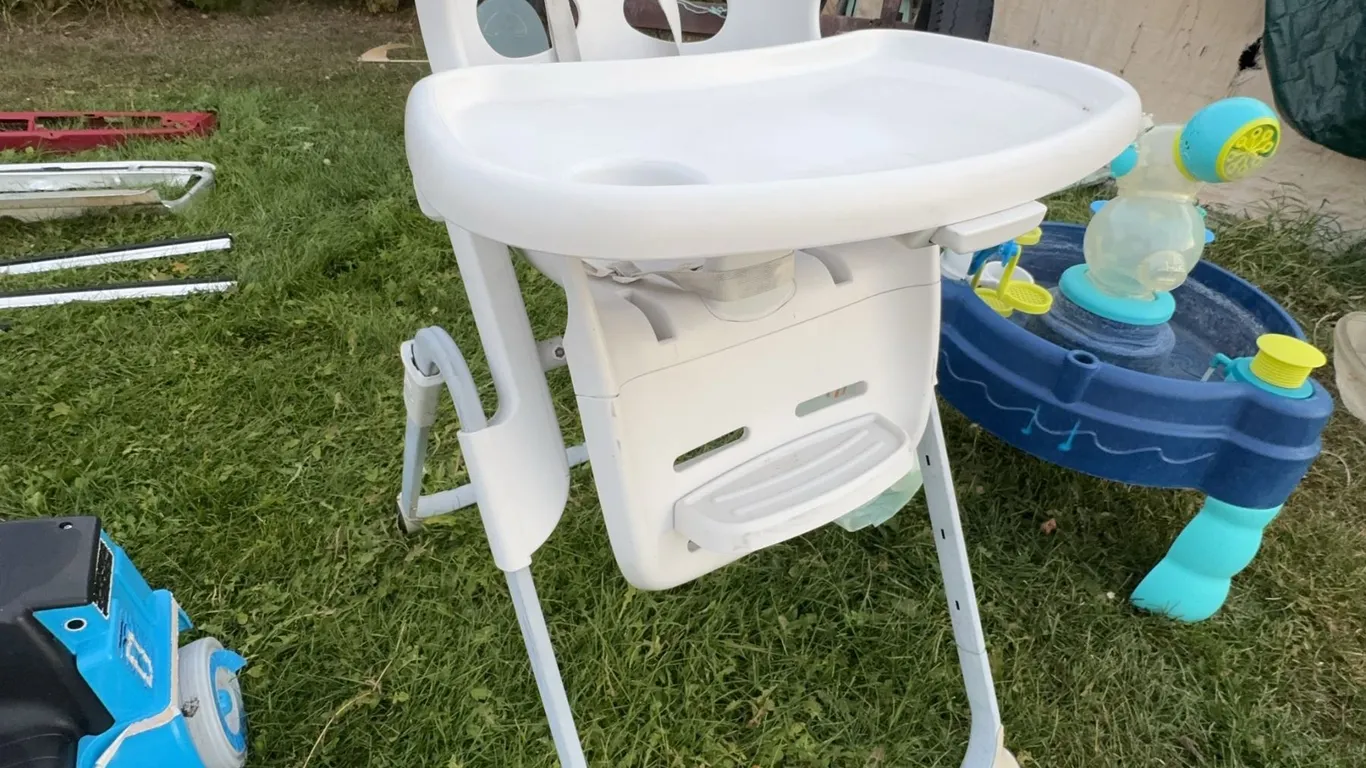White Plastic High Chair and Blue Water Activity Table Set