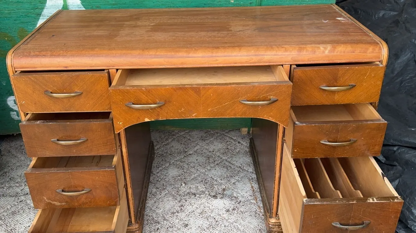 Wooden Desk with Nine Drawers, Brass Handles, 45" Wide x 21" Deep x 29" High
