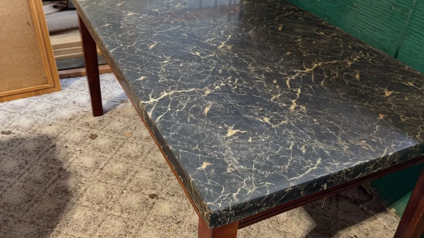 Rectangular Black Marble Top Table with Brown Wood Legs, 150x90x76 cm